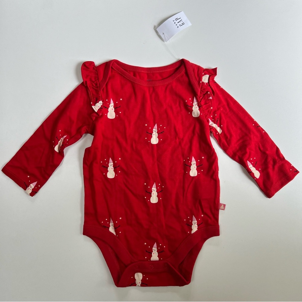 Baby Gap Snowman Print Ruffle Bodysuit Red 6-12 Months NWT